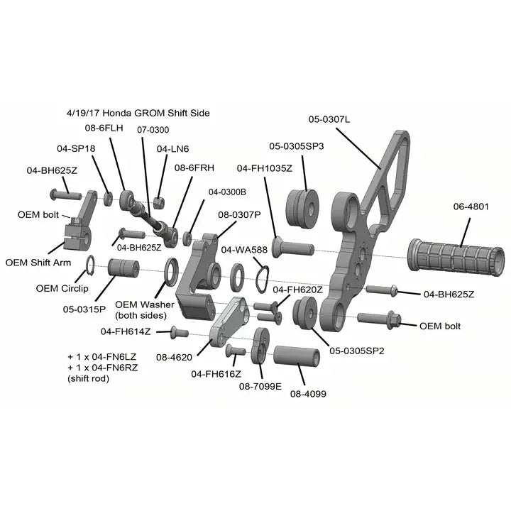 Honda Grom 2014-20 Complete Rearset Kit w/ Pedals - STD Shift